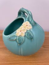 Vintage Green Weller Pottery Vase w Periwinkle Flowers Basket Pot w Handle F-19