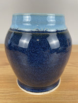 Audrey McKeon Pottery Vase Blue Signed 5 Inches Vintage 1999 Carved Rim