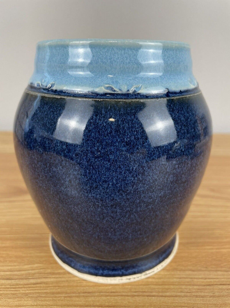 Audrey McKeon Pottery Vase Blue Signed 5 Inches Vintage 1999 Carved Rim