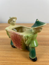 Vintage Ceramic Shawnee Planter Asian Men Carrying Basket Made In USA