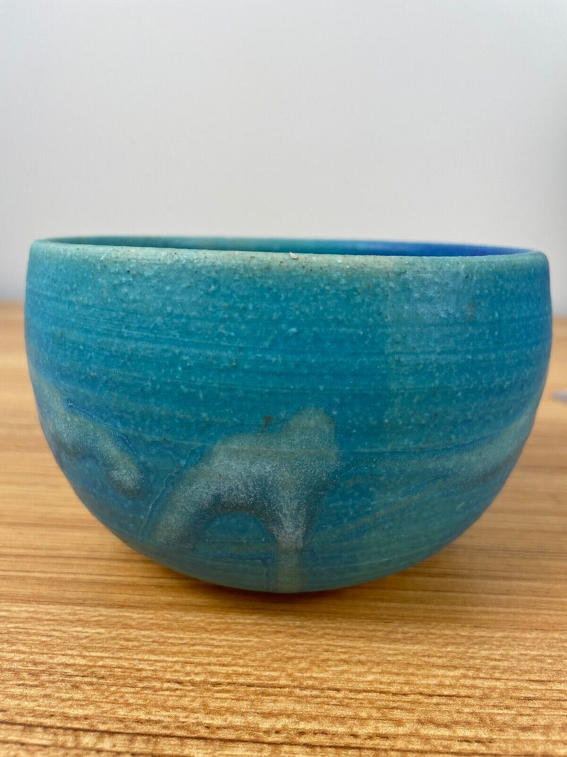 JT Abernathy art pottery Blue Wave Bowl signed, Ann Arbor, Cranbrook 3" Tall