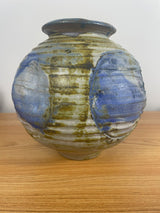 Vintage Mary Ann Studio Pottery Bulbous Green & Blue Vase 8" Tall Pewabic Artist