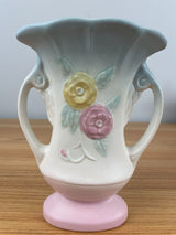 VINTAGE HULL #120 MATTE TEAL, CREAM & PINK OPEN ROSE DOUBLE HANDLED VASE-6 1/4”