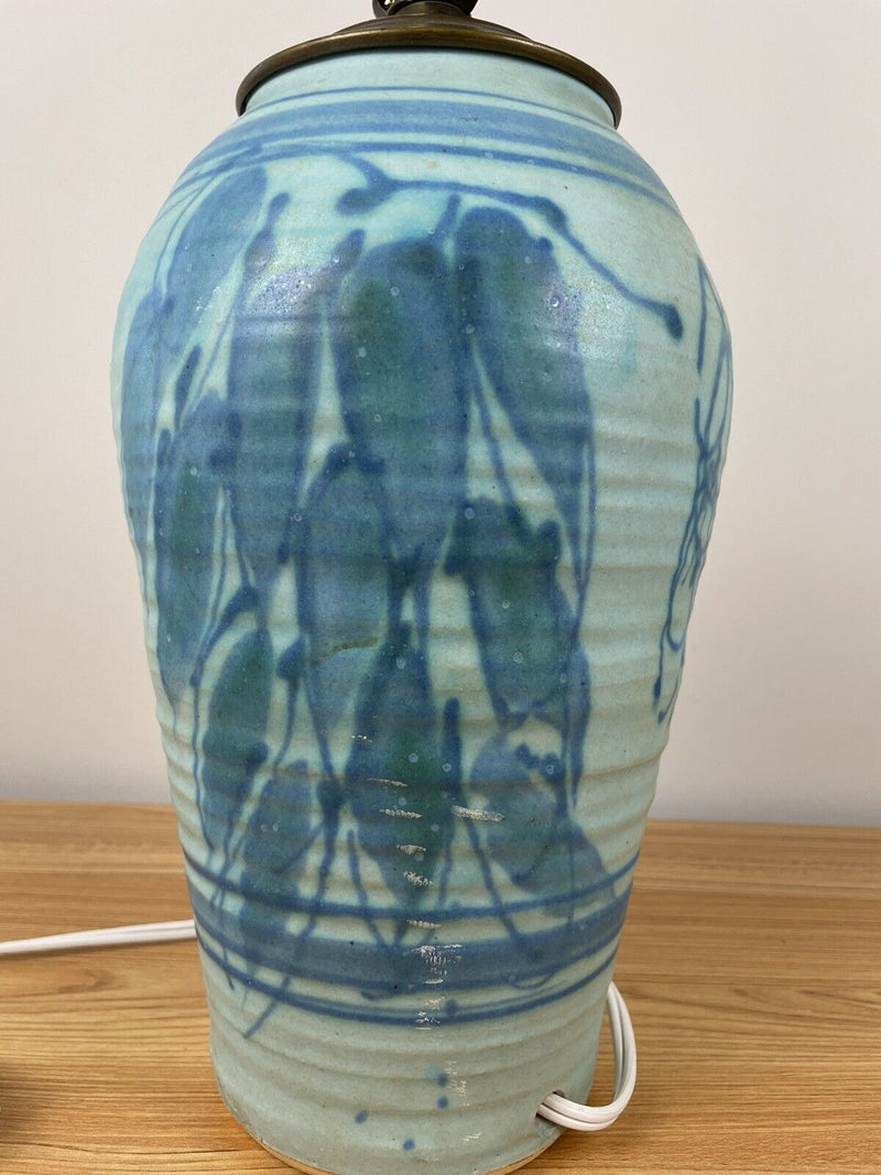 JT Abernathy Blue Glazed Art Pottery Table Lamp With Leaf Designs Body 12" Tall