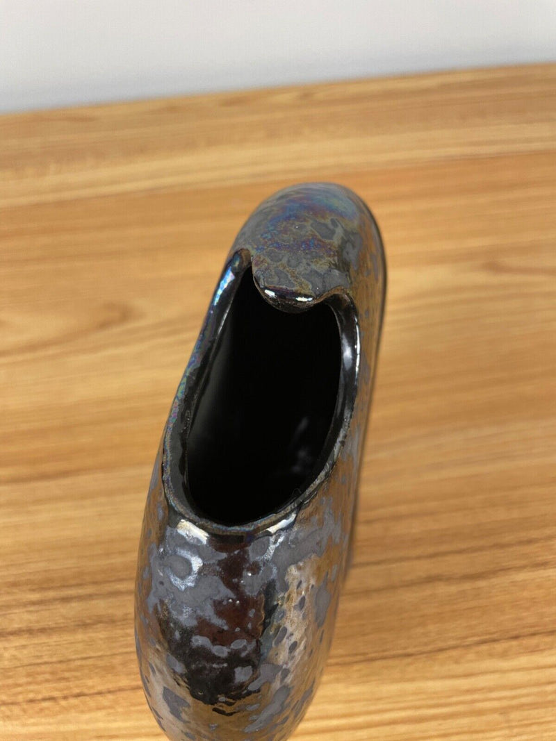 Elegant Arts Studio Pottery Black Glazed and Swirl Art Deco Iridescent Vase