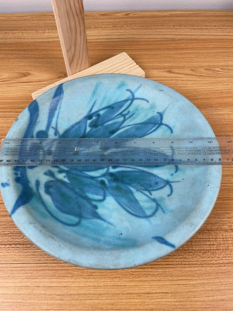 JT Abernathy Art Pottery Centerpiece Plate Ceramic Blue Leaf Design 11.5”