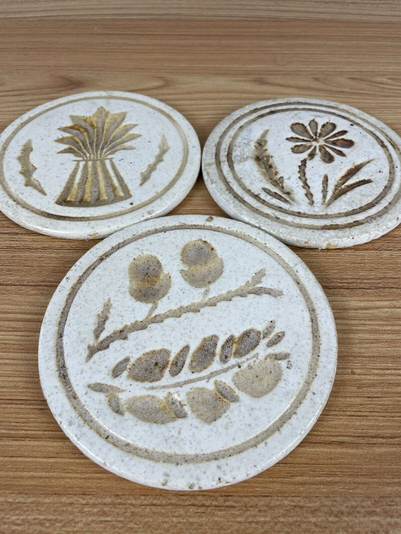 Pigeon Forge Set Of 3 Art Pottery Trivets Wheat, Flower, & Tree Shapes Excellent