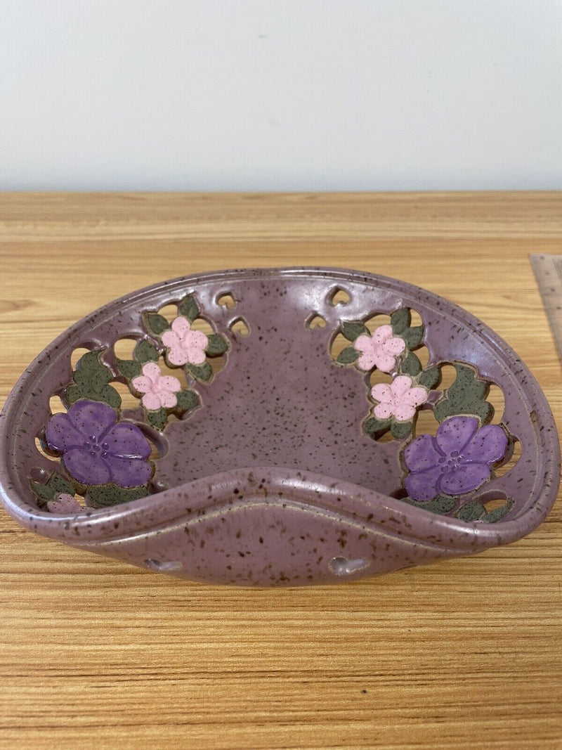 Veverka Signed Ceramic Pottery Heart Bowl Cutout Floral Flower Design Blue Pink