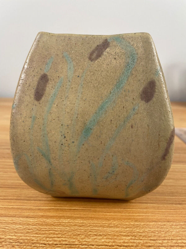 Antique Studio Art Pottery / Student Hand Decorated Cattail Square Vase Signed