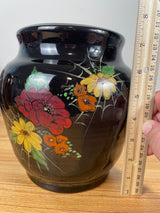 The Pottery Hawaii Black Floral Spider-Web Studio Signed Large Vase Nice 7.5"