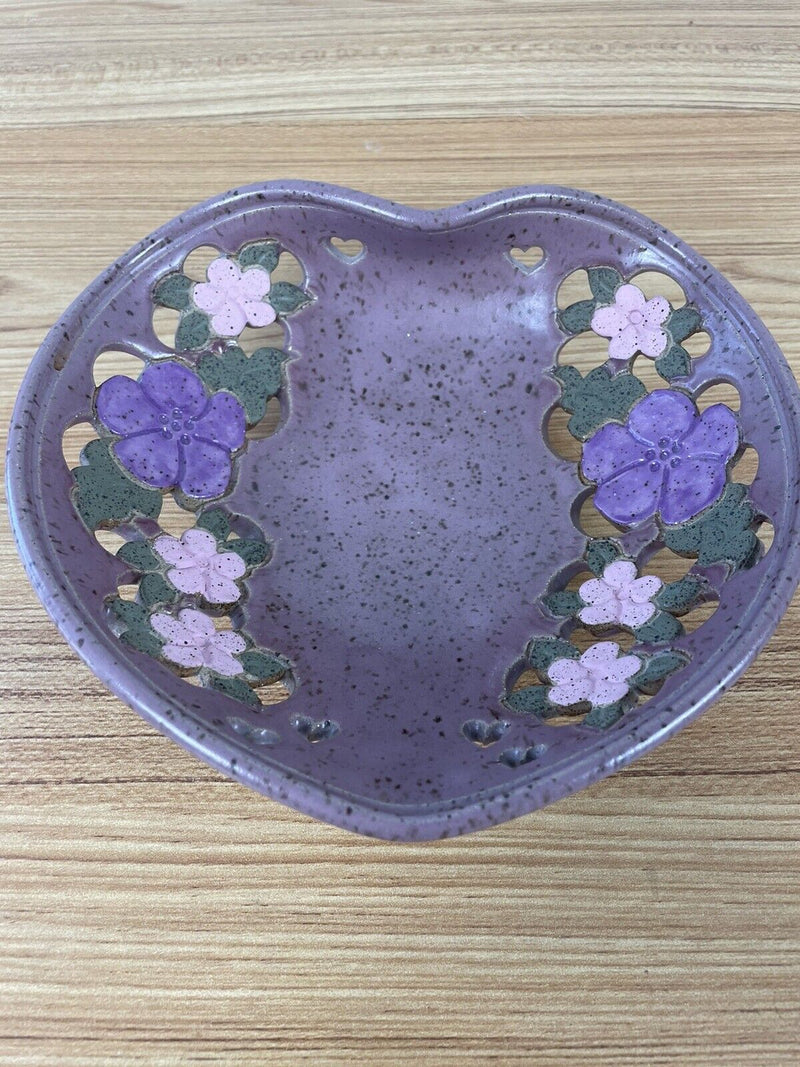 Veverka Signed Ceramic Pottery Heart Bowl Cutout Floral Flower Design Blue Pink