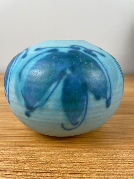 JT Abernathy art pottery Blue Round Cabinet Vase signed, Ann Arbor, 5" Tall