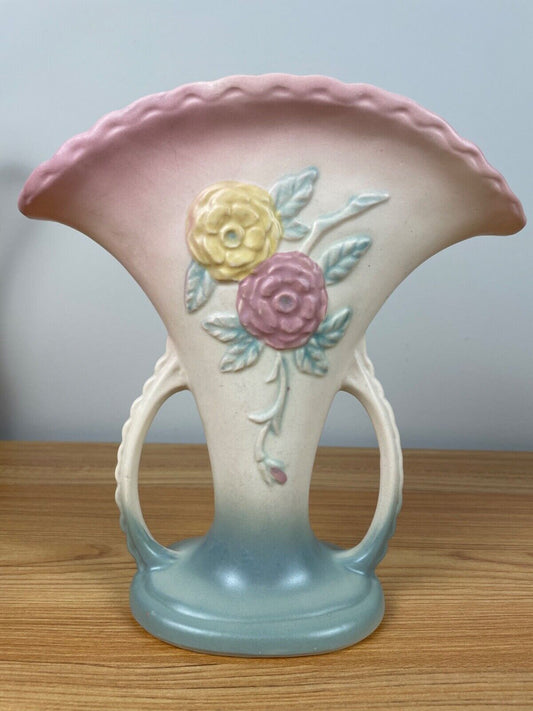 Vintage 1940's Hull Pottery Vase Open Rose Camellia Pastel 8.50" 2-Handled 108 NICE