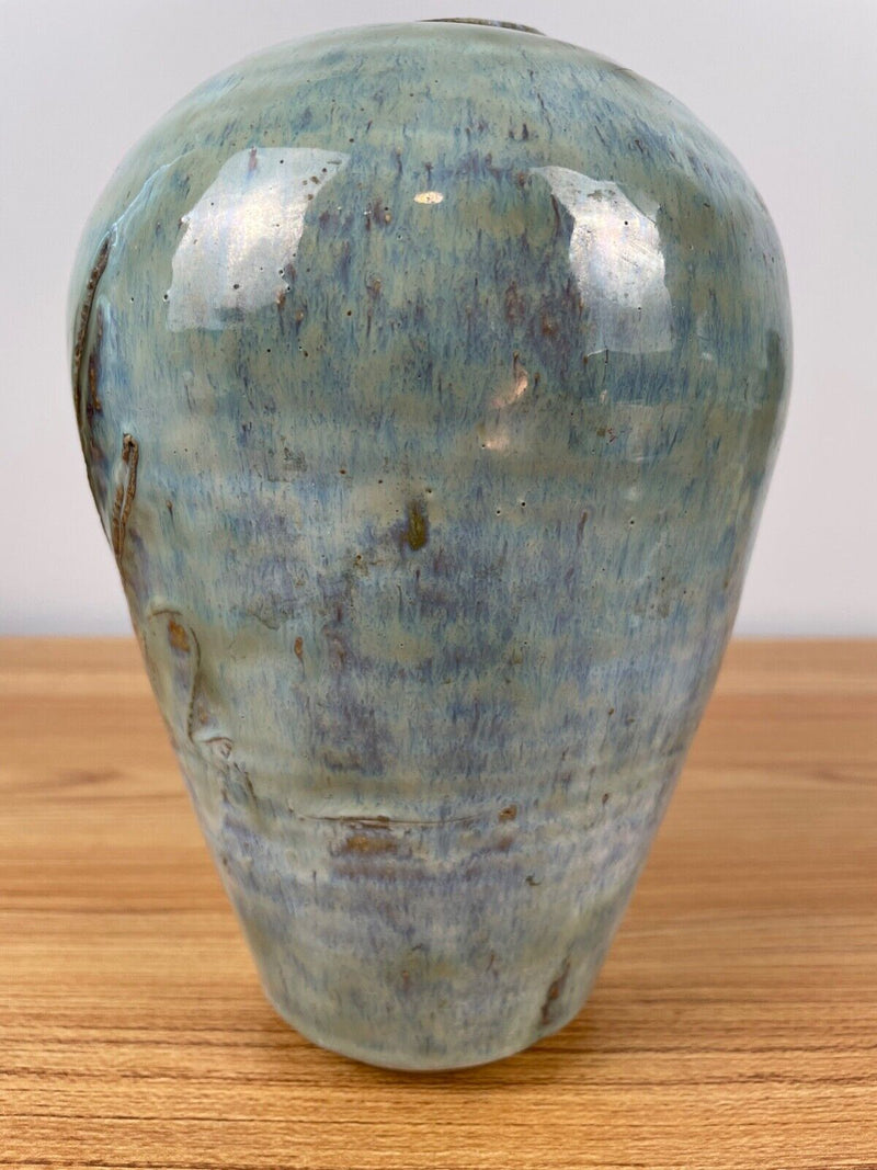 Art Pottery Vase Beautiful Blue Green Glaze Inscribed Signed Sandy Lentz 8” Tall