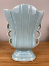 Vintage Hull Mardi Gras Art Deco Vase Cream BLUE Glaze Large Scalloped USA