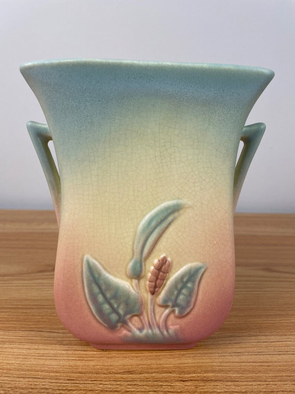 Vintage 1940s Calla Lily Vase By Hull Handle Fan Shaped Embossed on Both Sides