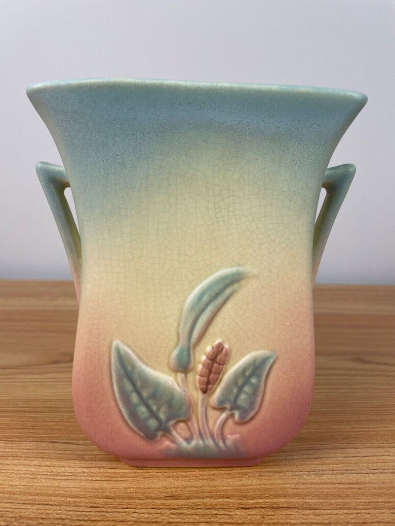 Vintage 1940s Calla Lily Vase By Hull Handle Fan Shaped Embossed on Both Sides