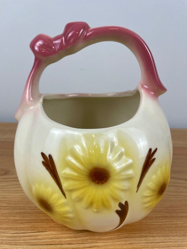 Hull Basket 79 Daisy Yellow Sunflower Pink Ribbon Handle Vintage Pottery