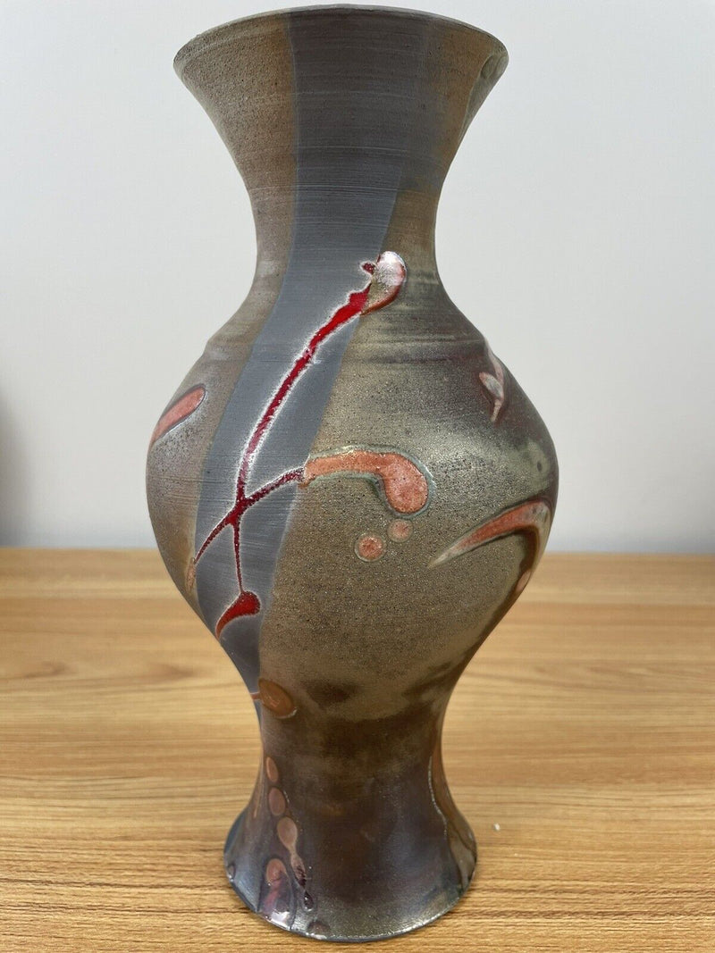 Robert Reiberg Signed Studio Art Pottery Raku Vase 9" Tall  Attractive Shape