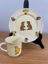 Mount Clemens Vintage Art Pottery Juvenile Creamware Dog And Chick Mug & Plate