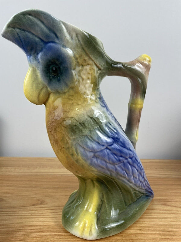 Vintage Colorful Parrot Ceramic Pitcher CALIFORNIA 3555 10-1/2" Tropical Bird