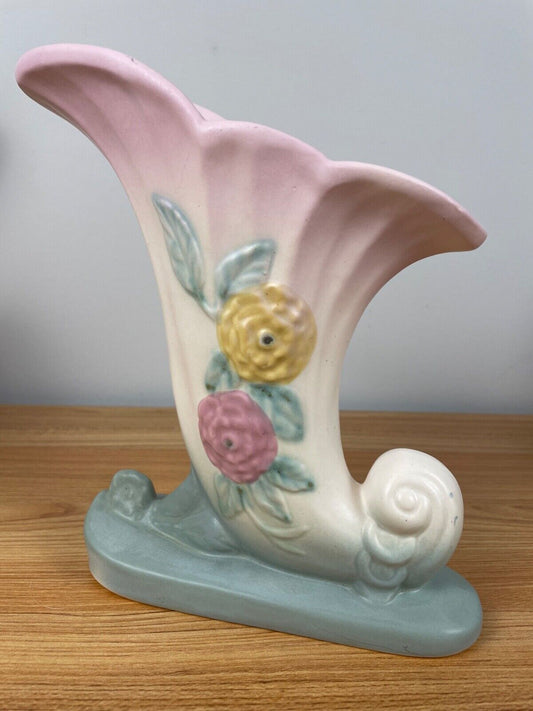 Vintage HULL ART POTTERY  CORNUCOPIA VASE 101-8 1/2" FLORAL PINK Yellow