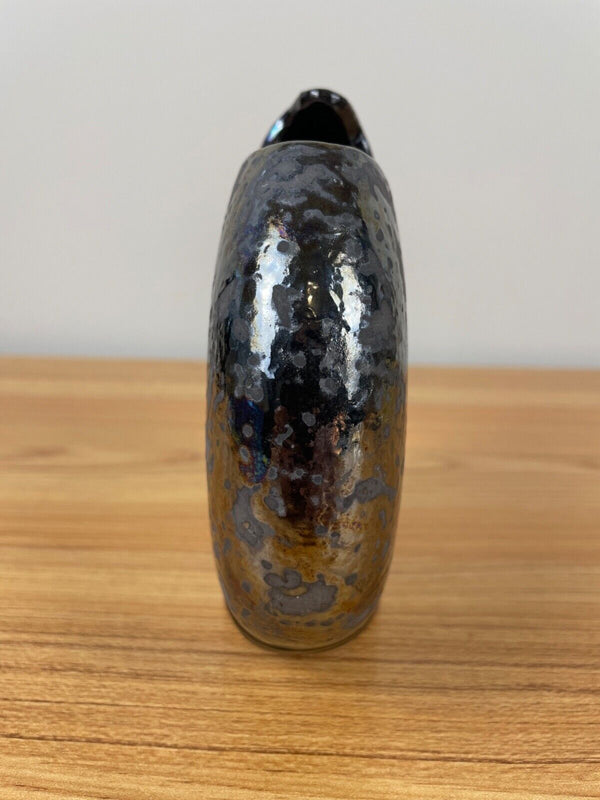 Elegant Arts Studio Pottery Black Glazed and Swirl Art Deco Iridescent Vase