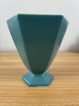 Vintage Cowan Lakeware Teal Hexagon Art Pottery Vase  1940's Stamped 6" Tall