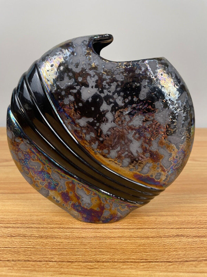 Elegant Arts Studio Pottery Black Glazed and Swirl Art Deco Iridescent Vase