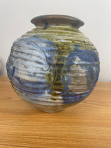 Vintage Mary Ann Studio Pottery Bulbous Green & Blue Vase 8" Tall Pewabic Artist