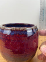 JT Abernathy art pottery Blue Cabinet Vase signed Oxblood Red & Purple 4.5" Tall