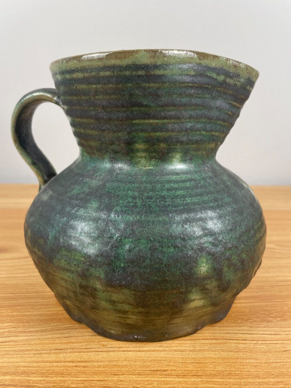 Fulper Art Pottery Green & Black Drip Mottled Glaze 5.5" Tall Pitcher Stamped