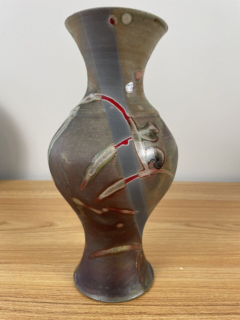 Robert Reiberg Signed Studio Art Pottery Raku Vase 9" Tall  Attractive Shape