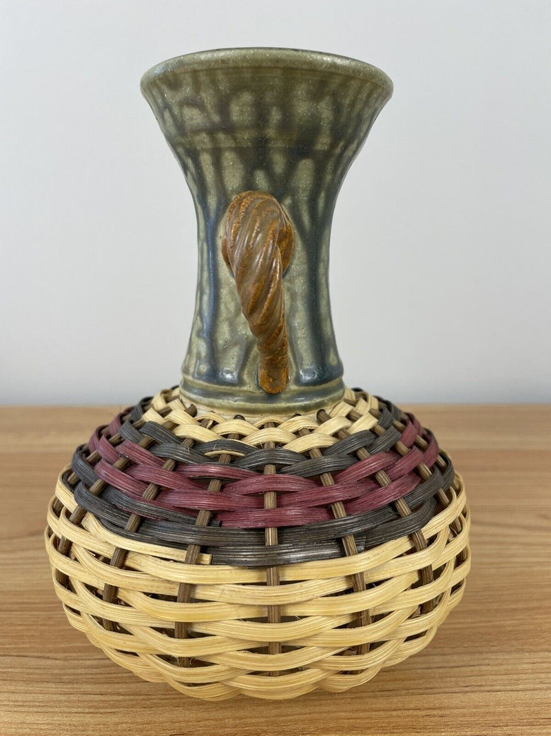 Stephen Kostyshyn Basket Vase Art Pottery & Hand Woven Green Ceramic Signed 7"