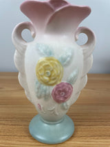 VINTAGE HULL #121 MATTE TEAL, CREAM & PINK OPEN ROSE DOUBLE HANDLED VASE-6 1/4”