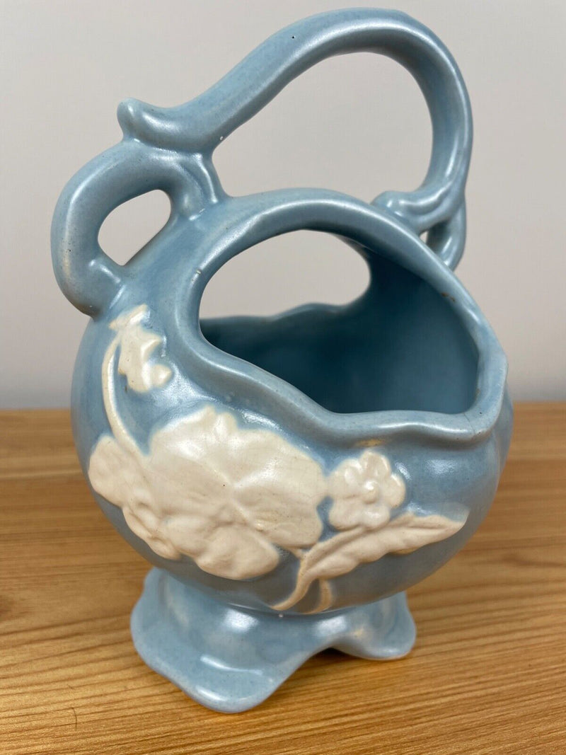 Weller Art Pottery Cameo Blue Basket with White FlowersVase USA