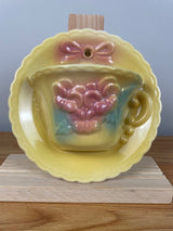 Vintage Hull Pottery USA Sunglow Tea Cup Wall Pocket Yellow Pink Pansies