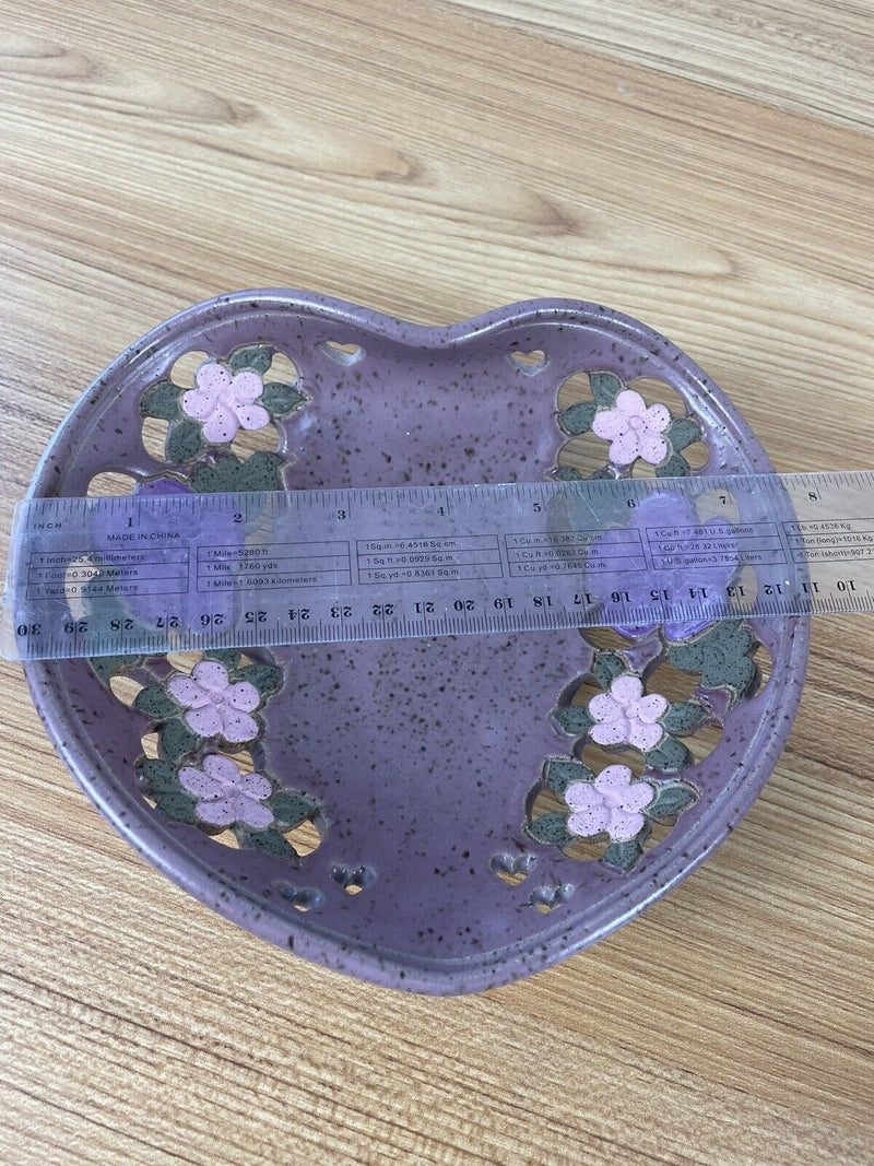 Veverka Signed Ceramic Pottery Heart Bowl Cutout Floral Flower Design Blue Pink