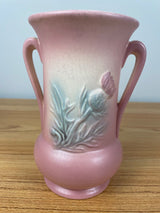 Vintage Hull Pink Green Art Pottery Double Handle Vase with Thistle #53-6 1/2