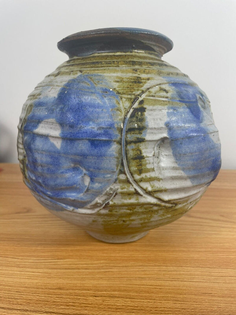 Vintage Mary Ann Studio Pottery Bulbous Green & Blue Vase 8" Tall Pewabic Artist