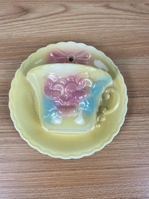 Vintage Hull Pottery USA Sunglow Tea Cup Wall Pocket Yellow Pink Pansies