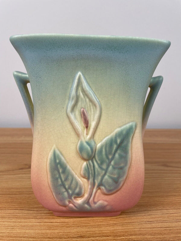 Vintage 1940s Calla Lily Vase By Hull Handle Fan Shaped Embossed on Both Sides