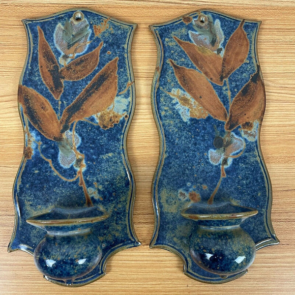 David Batz Stoneware Pottery Pair Candle Wall Sconce Glazed Signed MCM Blue 12”