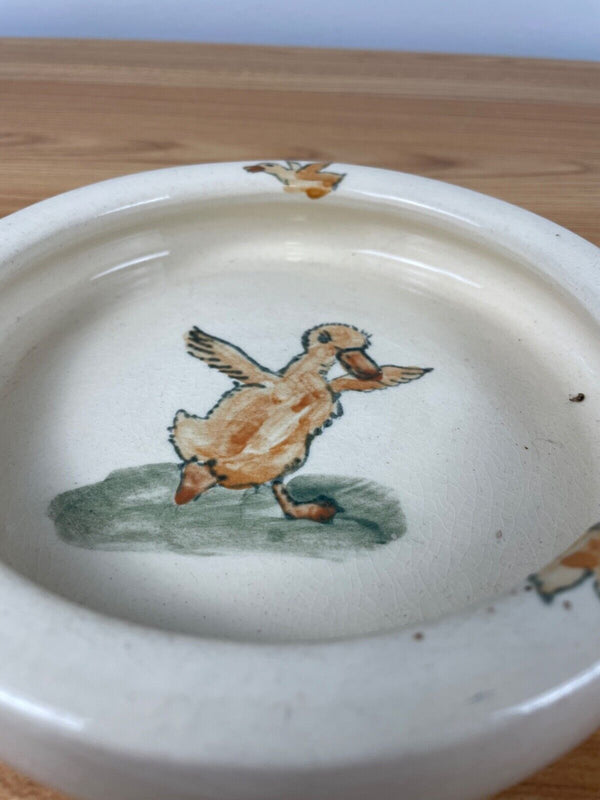 Antique 1920s / 30s Weller Pottery Rolled Edge Hand Painted Duck Baby Plate bowl