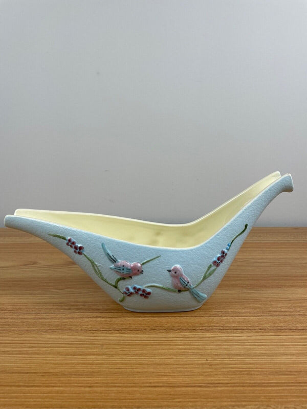 VINTAGE HULL POTTERY SERENADE S9 WINDOW BOX PLANTER VASE BLUE WITH BIRDS 1957