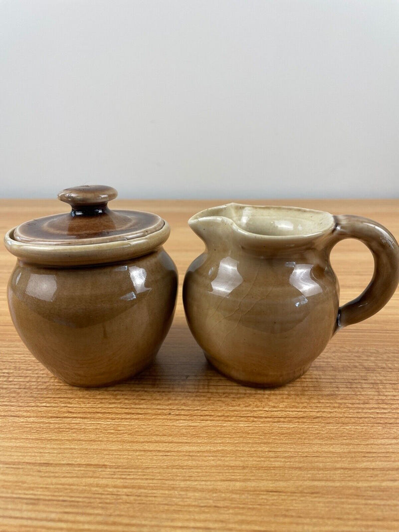 Antique Pisgah Forest NC Art Pottery Brown Glaze Creamer & Sugar w/ Lid -Signed