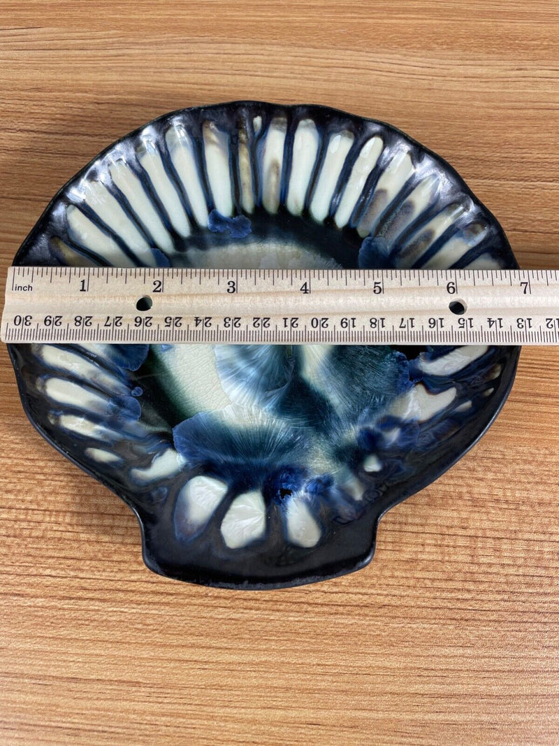 Edgecomb Pottery Maine Black & Blue Shell Dish Chrystalline Glaze  7"