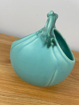 Vintage Green Weller Pottery Vase w Periwinkle Flowers Basket Pot w Handle F-19