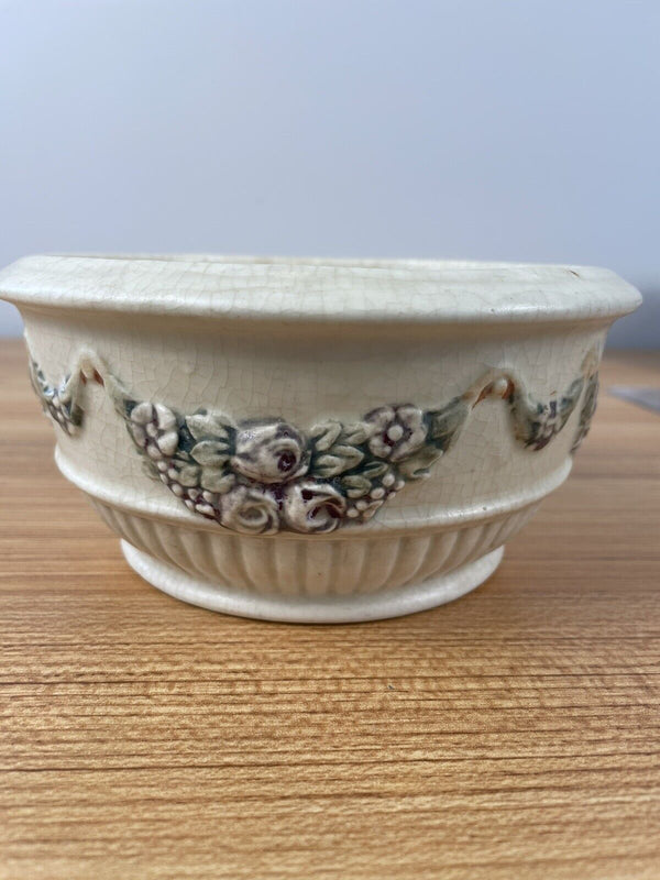 Weller Roma 1910-20s Vintage Art Pottery Floral Garland Ivory Planter Bowl