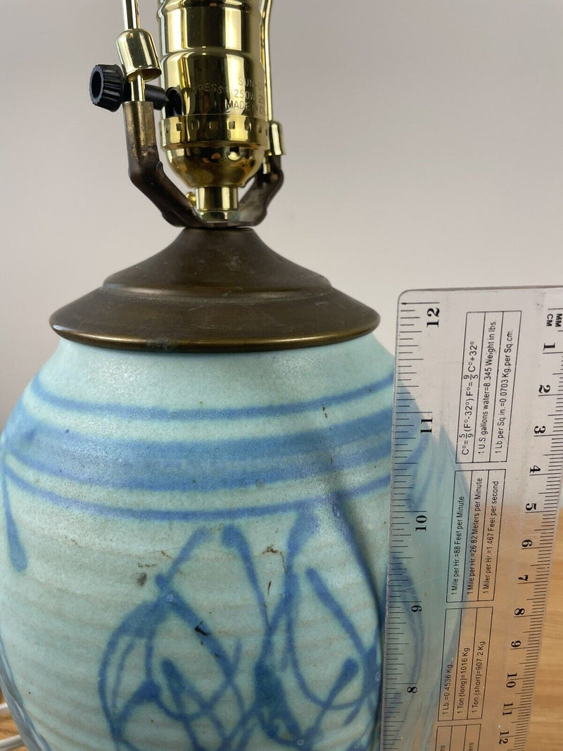 JT Abernathy Blue Glazed Art Pottery Table Lamp With Leaf Designs Body 12" Tall